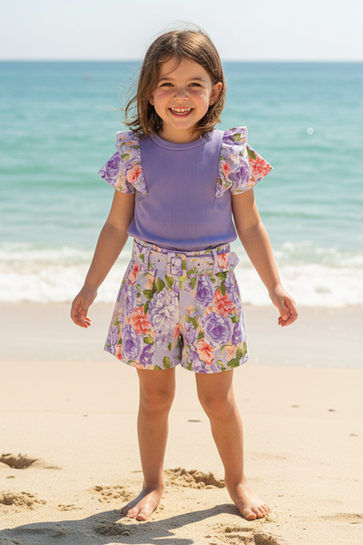 Girls Lilac Top & Floral Short Set - 4-14y