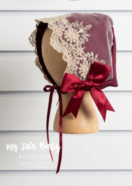 Ela Confeccion Spanish Girls Burgundy Lace Trimmed Romper & Bonnet Set  - IN STOCK NOW