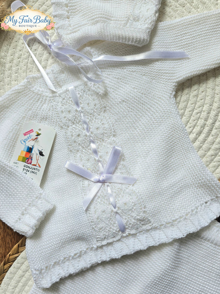 Spanish Creaciones Gavidia Unisex Baby White Knitted 3pc Lace Set 2124