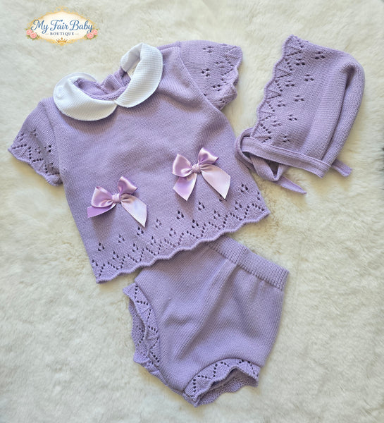 Spanish Baby Girls Purple Knitted Jam Pant 3pc Set ~ 0-3m