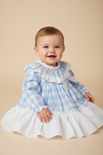 Spanish Baby Girls Blue Checkered Smocked Dress & Pants