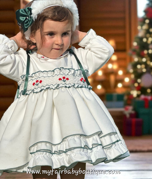 Sonata Infantil AW25 Spanish Girls White & Green Velvet Smocked Puffball Dress IN2510 ~ MADE TO ORDER