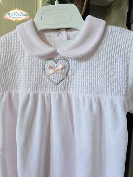 Spanish Baby Girls Soft Pale Pink Smocked Velour Sleepsuit/Babygrow ~ 0-6m