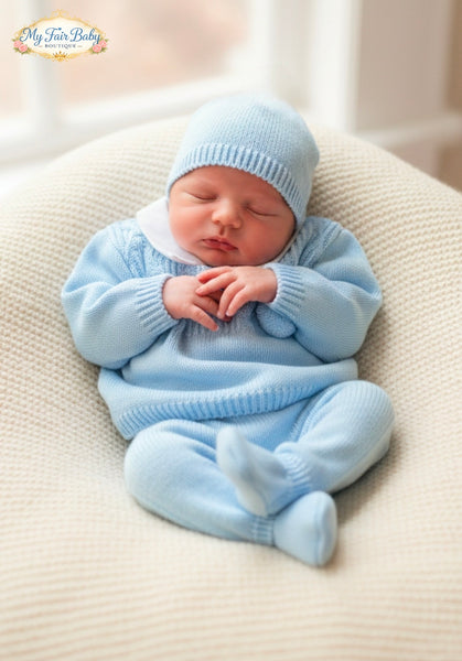 Spanish Baby Boys Blue Knitted 3pc Set ~ 0-3m