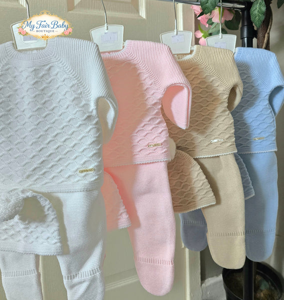 Spanish Unisex Baby White Knitted Lattice 3PC Set C7005 - 1-6m