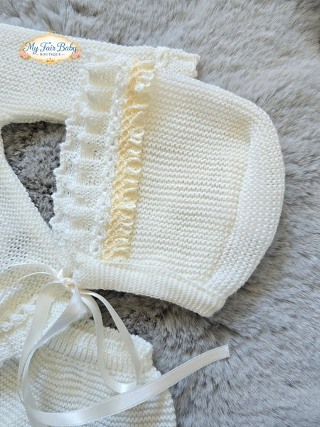 Spanish Creaciones Gavidia Unisex Baby Cream & Camel Knitted 3pc Lace Set 6208