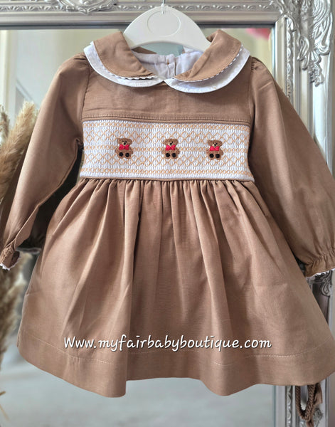 Mabini Traditional Spanish Girls Chocolate Smocked Teddy Bear Dress 1720