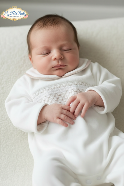 Spanish Baby Boys Cream & Camel Smocked Velour Sleepsuit/Babygrow