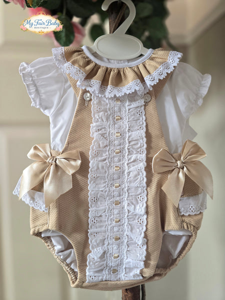 Spanish Baby Girls Camel Waffle Romper
