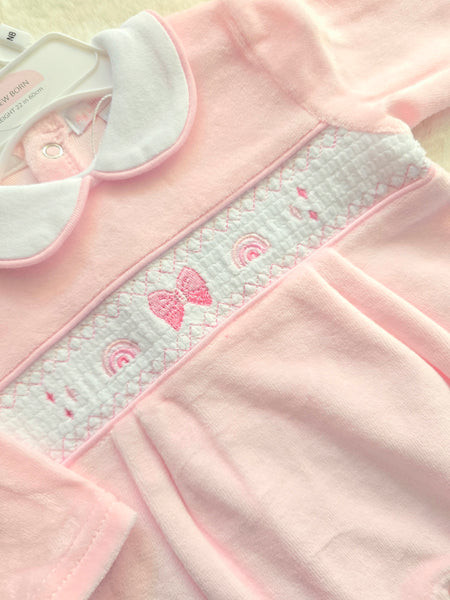 Traditional Baby Girls Pink Smocked Rainbow Velour Sleepsuit/Babygrow ~ 0-6m