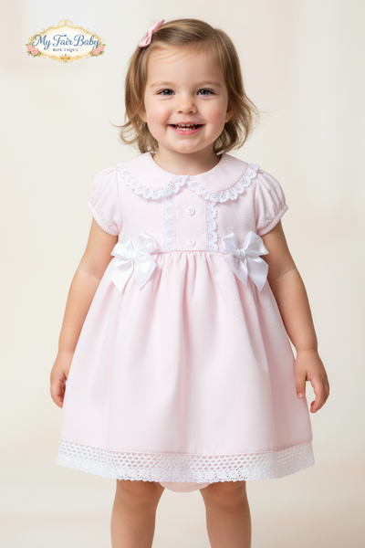 Spanish Girls Pink Waffle Bow & Lace Dress 0499 ~ 12-24m