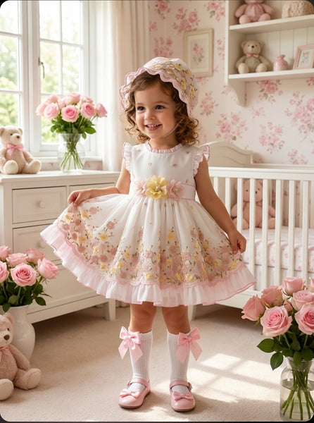 Sonata Infantil SS26 Girls Floral Embroidered Puffball Dress VE2610 ~ MADE TO ORDER