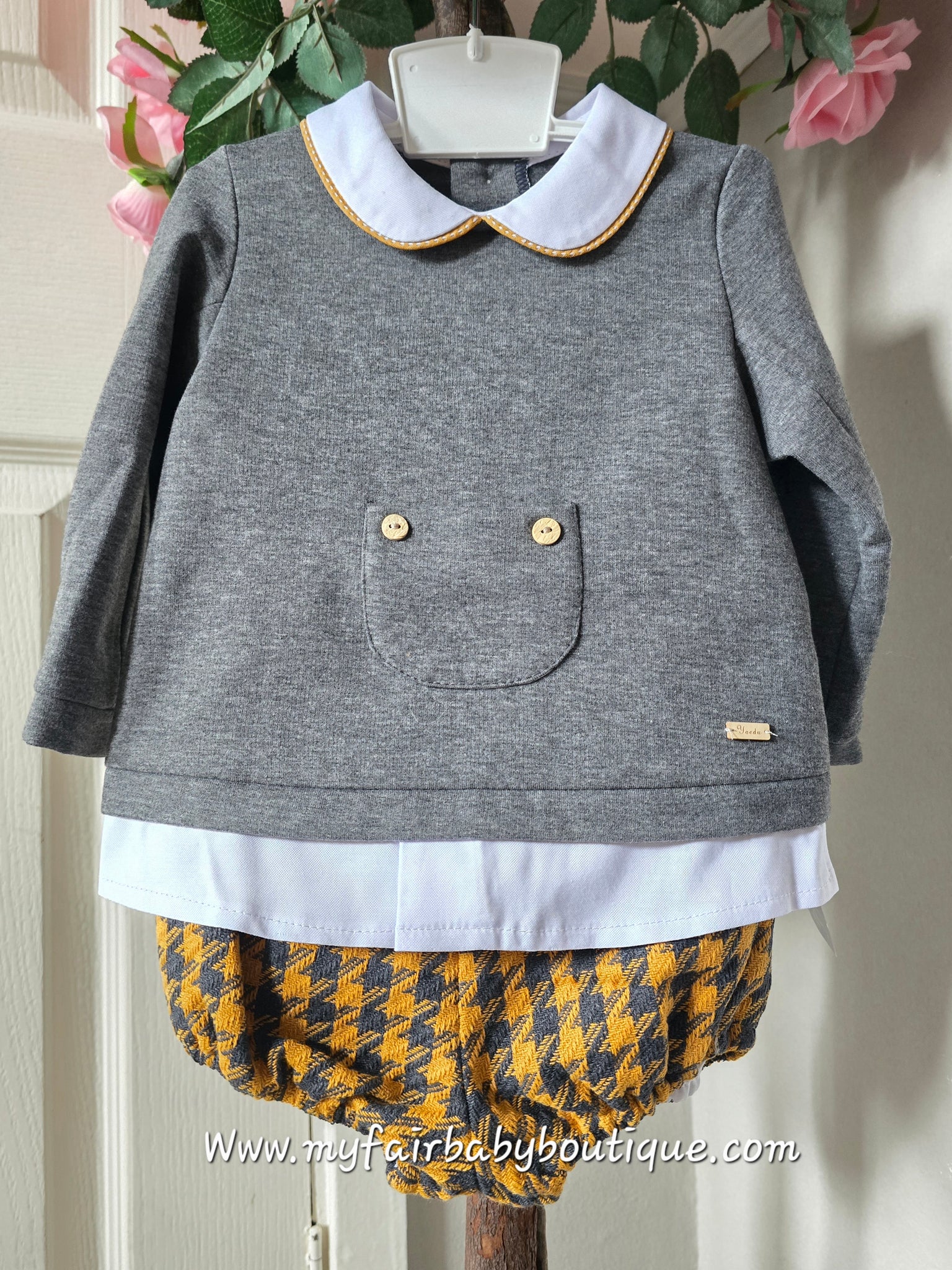 Spanish Baby Boys Grey & Mustard Houndstooth Jam Pant Set ~ 12-24m