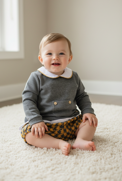Spanish Baby Boys Grey & Mustard Houndstooth Jam Pant Set ~ 12-24m