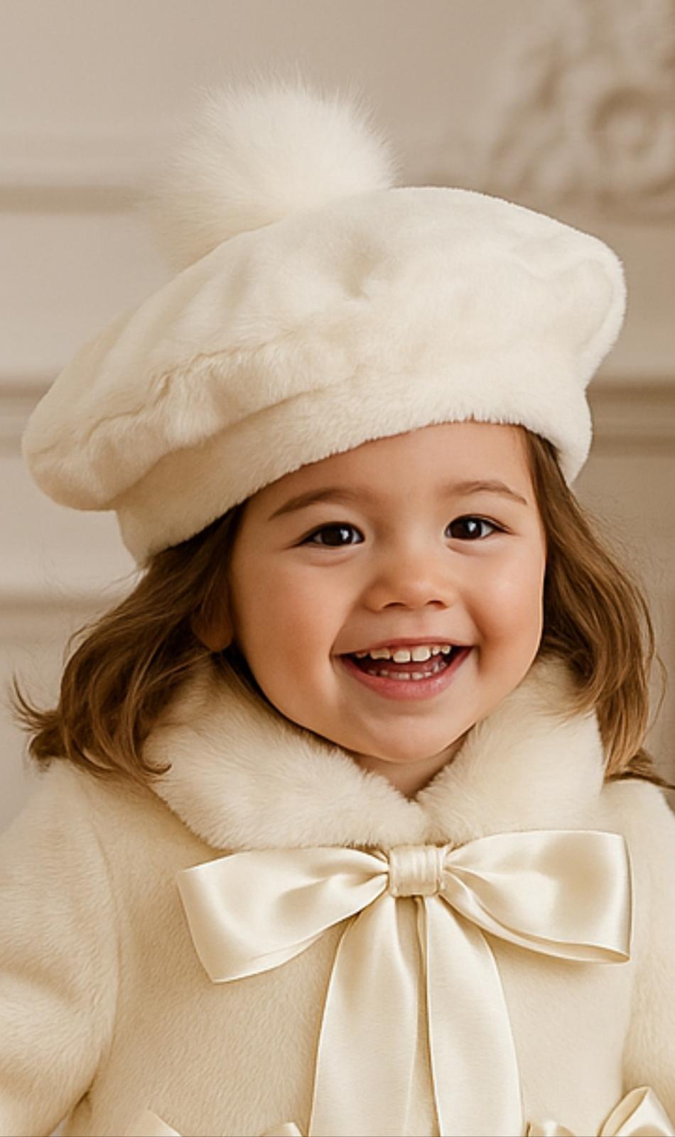 Sonata AW25 Spanish Girls/Boys Cream Fur Osita Pom Pom Beret NA2523 - MADE TO ORDER