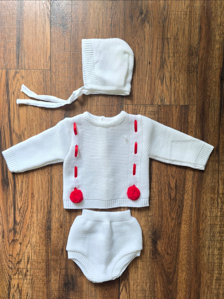 Spanish Unisex Baby White & Red Knitted Jam Pant 3pc Set