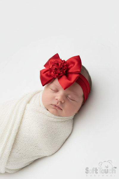 Baby Girls Red Satin Bow & Flower Headband 0-24m