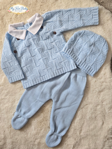 Spanish Baby Boys Blue Knitted 3pc Set ~ 0-3m
