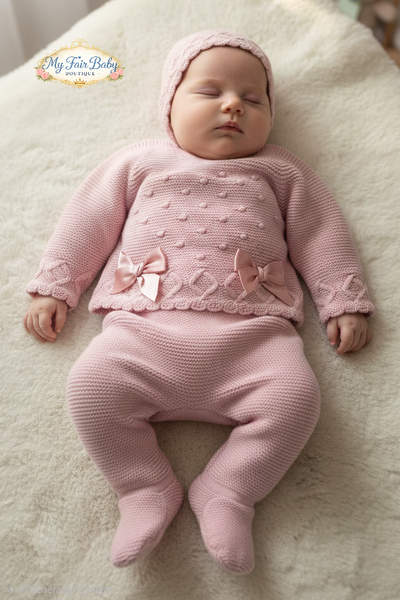 Spanish Baby Girls Dusky Pink Knitted 3pc Set C1003 ~ NB-12m