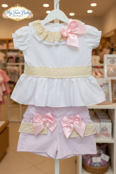 Spanish Baby Girls White Peplum Blouse & Pink Short Set M004 ~ 3-36m