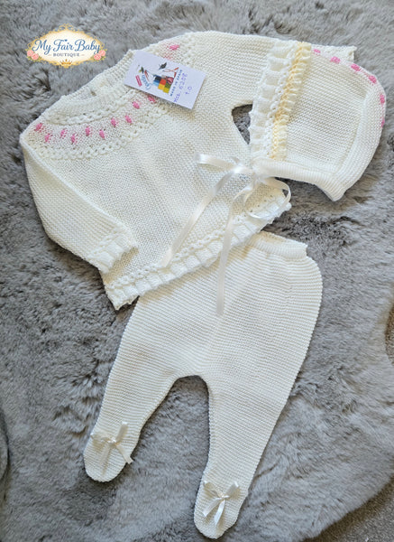 Spanish Creaciones Gavidia Baby Girls Cream & Pink Knitted 3pc Set 6208