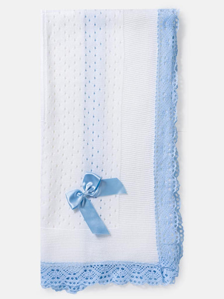 Spanish Baby Boys White & Blue Lace & Bow Shawl / Blanket