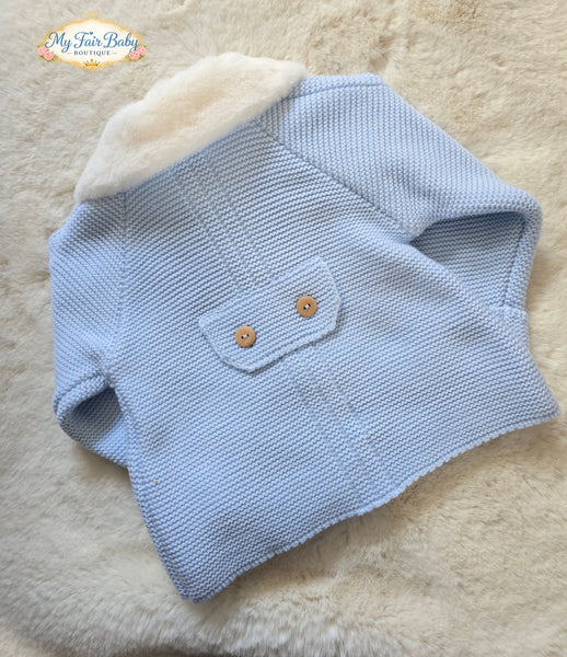 Spanish Baby Boys Blue Knitted Fur Collar Jacket ~ 3-24m