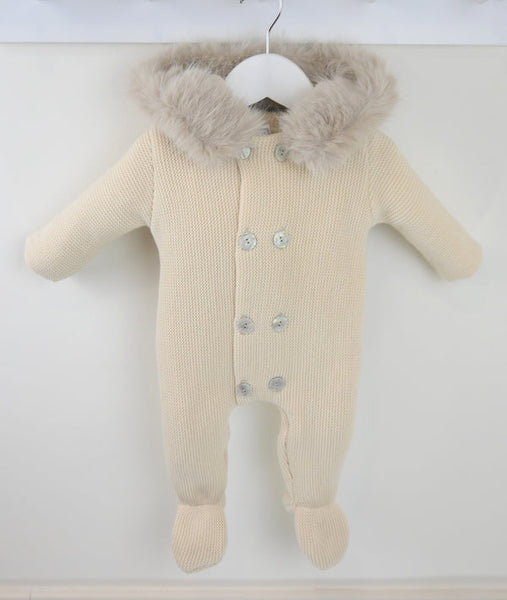 Traditional Unisex Baby Natural Fur Trimmed Knitted Snowsuit