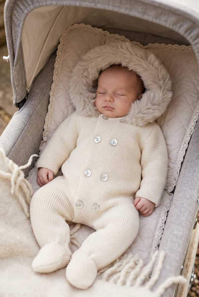 Traditional Unisex Baby Beige Knitted Snowsuit/Pramsuit