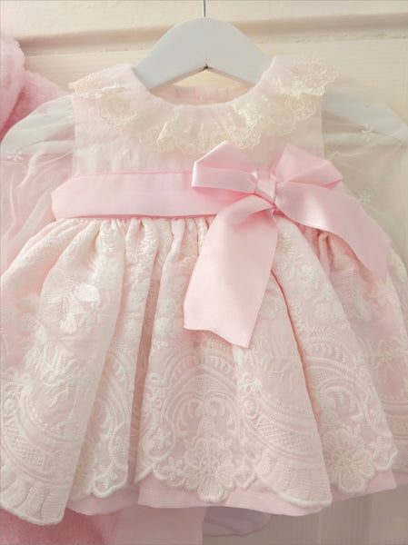 Sonata AW25 Spanish Girls Pink Fur Coat & Lace Dress Set IN2522 - MADE TO ORDER