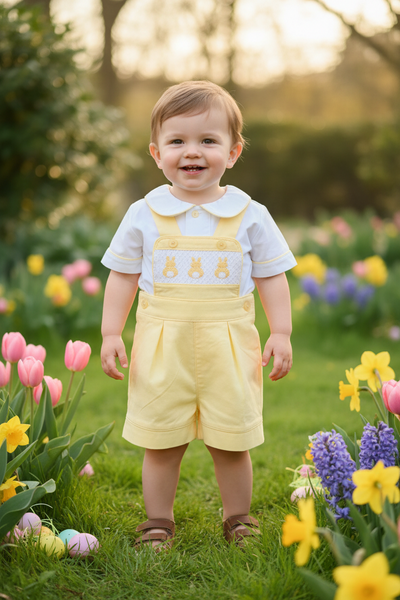 Mabini Baby Boys Traditional Lemon Smocked Bunny Easter Dungarees - 0-12m