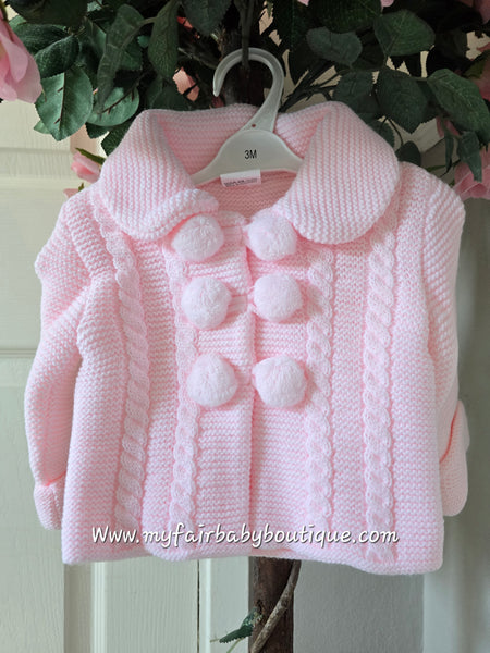 Spanish Baby Girls Pink Knitted Pom Pom Jacket & Hat Set ~ 6-18m