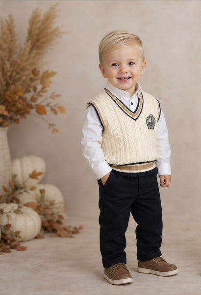 Beau Kid Traditional Boys Cream & Navy Tank Top 3pc Set 2802