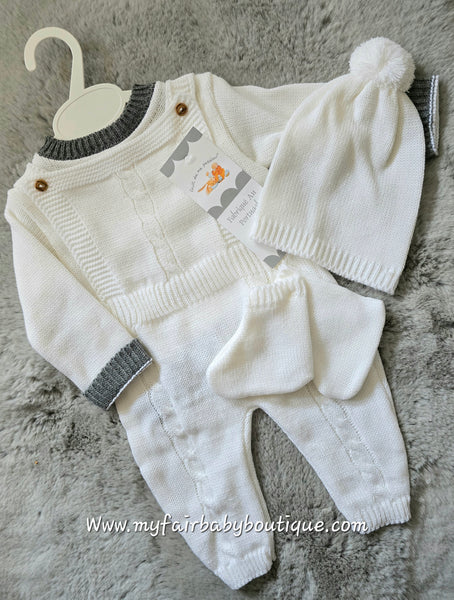 Spanish Baby Boys White & Grey Knitted Romper 4pc Set ~ 1-6m