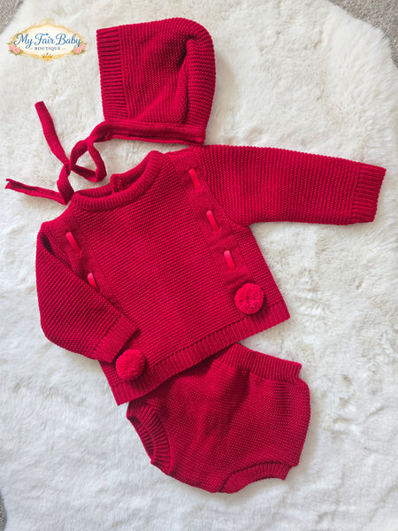 Spanish Unisex Baby Red Knitted Jam Pant 3pc Set