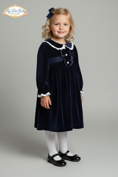 Beau Kid Traditional Girls Navy Velvet Smocked Dress 112219 - 2-7y