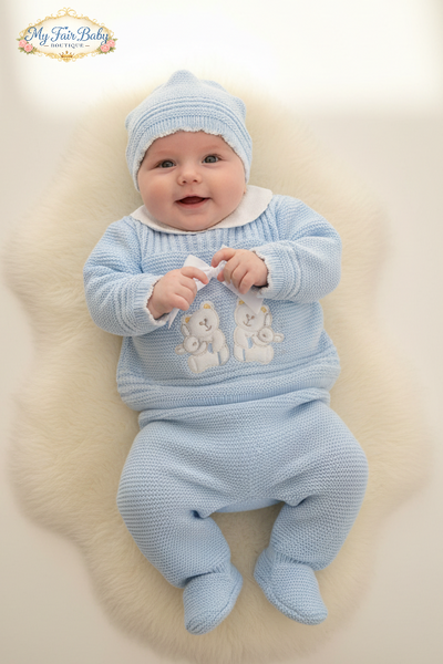 Spanish Baby Boys Blue Knitted Teddy 3pc Set ~ 0-3m