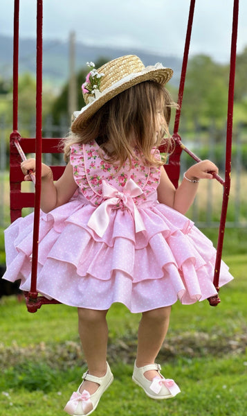 Sonata Infantil Girls Pink Polkadot Puffball Dress VE2525 - MADE TO ORDER