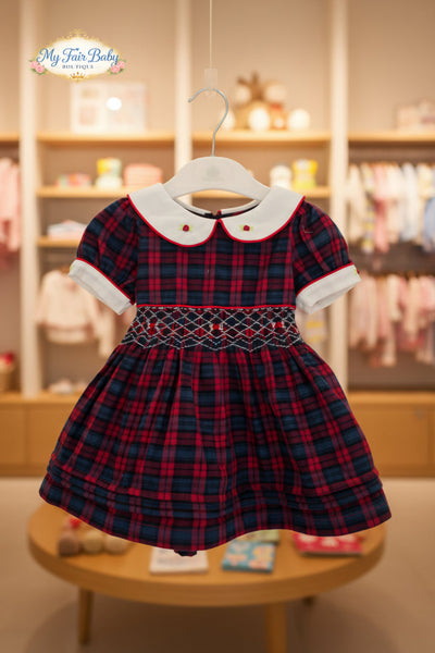 Beau Kid Traditional Girls Wine Smocked Tartan Christmas Dress 1J2402A - 6m-7y