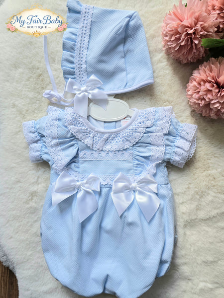 Spanish Baby Girls Blue Waffle Summer Romper & Bonnet Set M002L