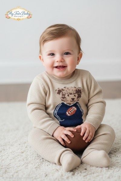 Traditional Baby Boys Beige Knitted Teddy Trouser Set