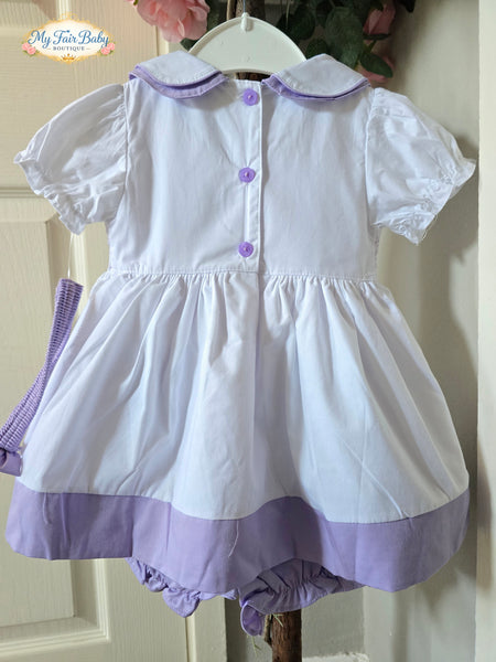 Mabini Traditional Girls White & Lilac Smocked Dress Set