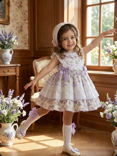 Sonata Infantil SS26 Girls Lilac Floral Puffball Dress VE2609 ~ MADE TO ORDER