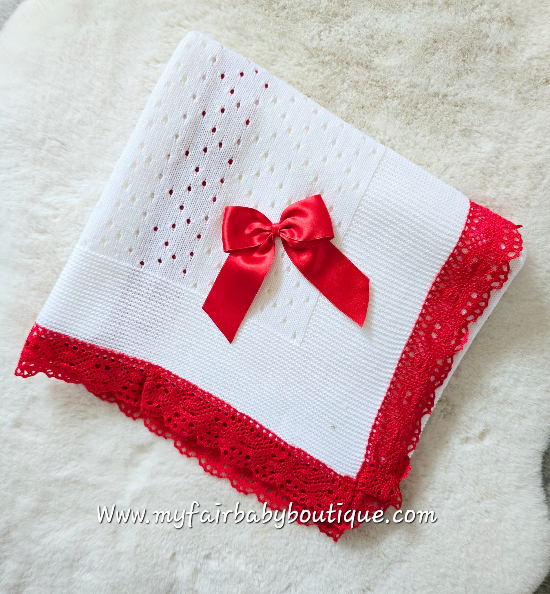 Spanish Unisex Baby White & Red Lace & Bow Shawl / Blanket