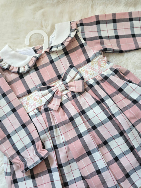 Spanish Baby Girls Pink & Grey Tartan Smocked Dress PO10