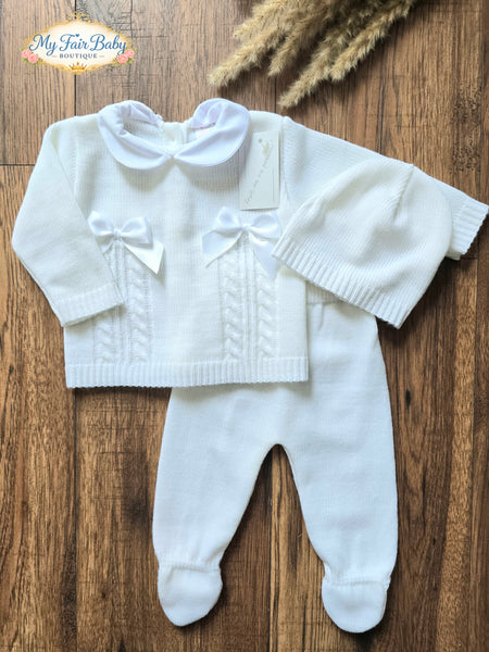Spanish Unisex Baby Girls/Boys White Knitted 3pc Set ~ 0-3 months