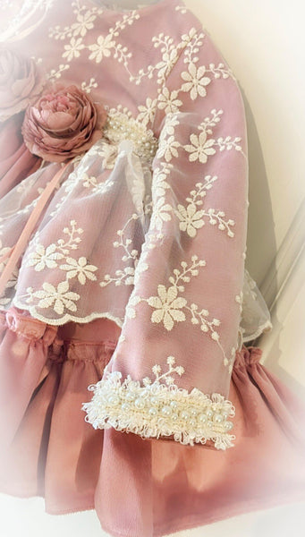 Ela Confeccion AW26 Spanish Girls Dusky Pink Lacey Puffball Dress - MADE TO ORDER