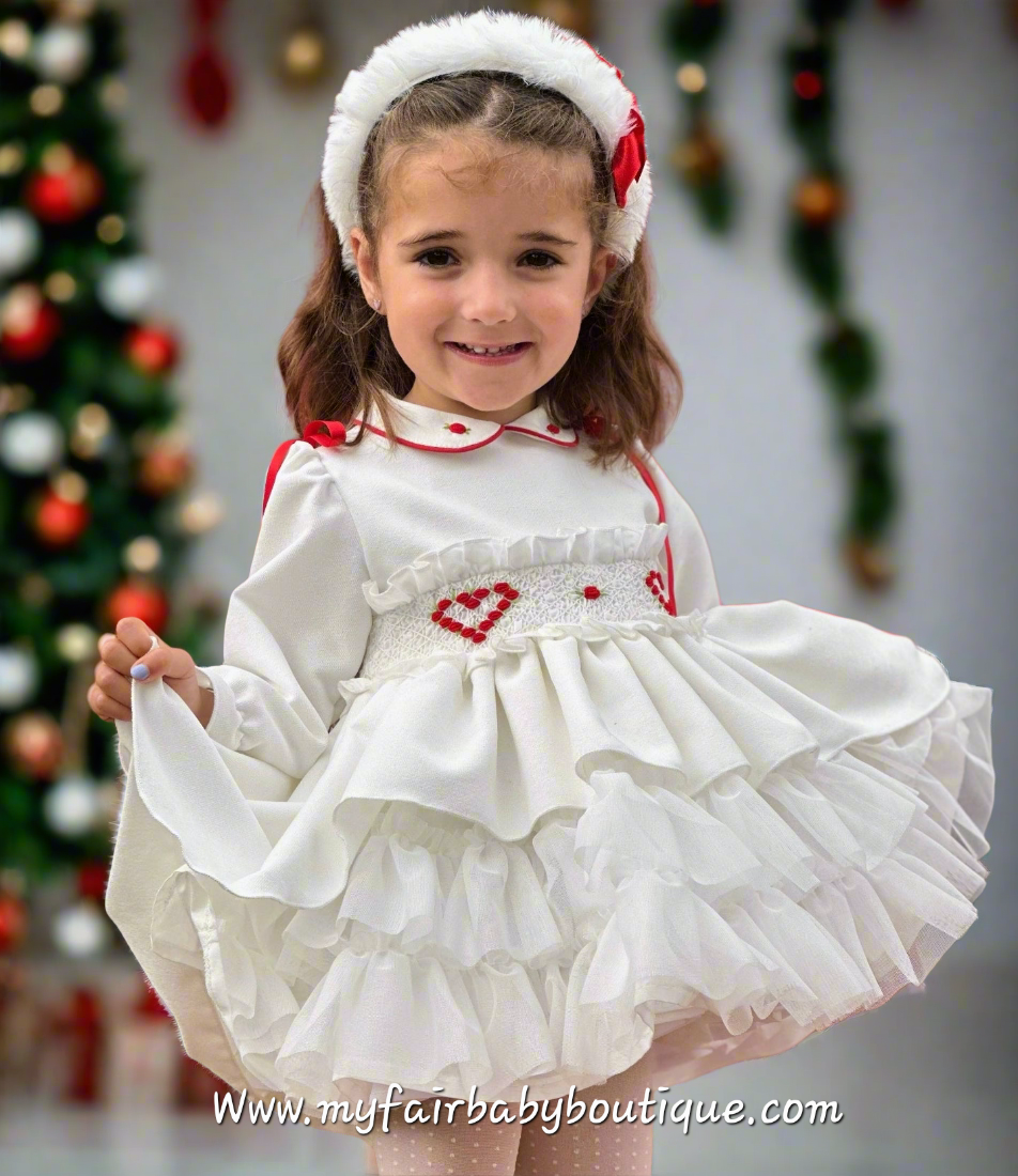 Sonata Infantil AW25 Spanish Girls White Velvet Heart Smocked Puffball Dress IN2507 ~ MADE TO ORDER
