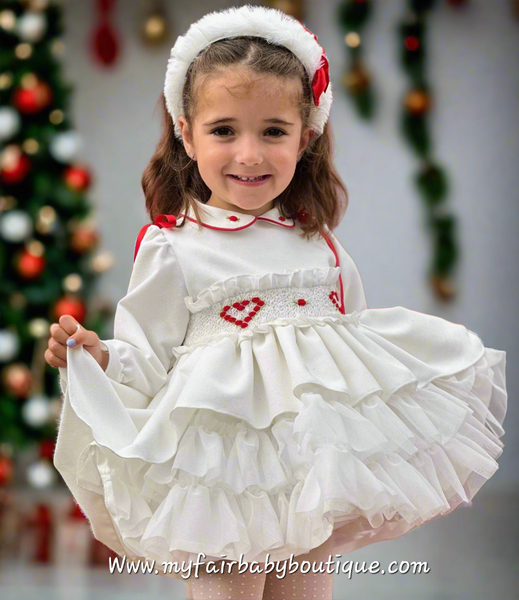 Sonata Infantil AW25 Spanish Girls White Velvet Heart Smocked Puffball Dress IN2507 ~ MADE TO ORDER