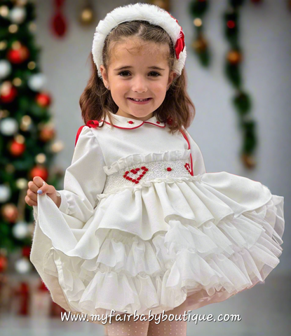 Sonata Infantil AW25 Spanish Girls White Velvet Heart Smocked Puffball Dress IN2507 ~ MADE TO ORDER